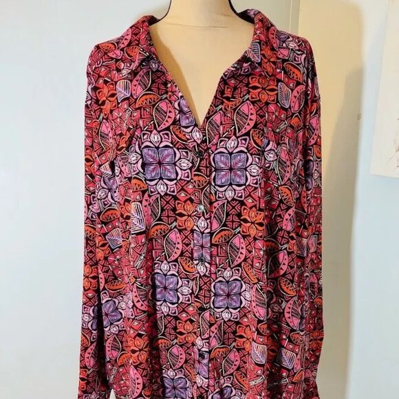 Catherines Button Up Blouse Womens Size 5X Roll Tab Sleeves Geometric Pockets - Picture 1 of 10